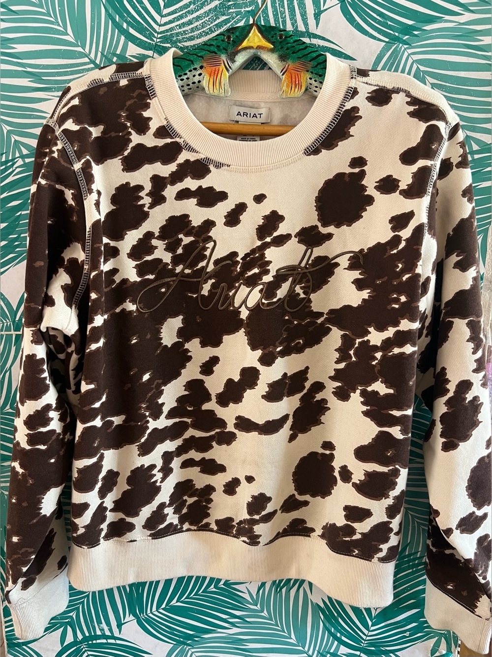 Ariat Brown & Cream Cowprint Crewneck Sweater Sz L Mustang Pony nwot